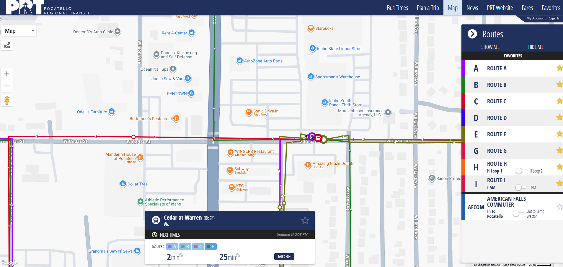 The image shows a map of the location of the current transfer station along with information and locations of routes which access the transfer station. Routes which use the station include Routes A, B, C, and E. 